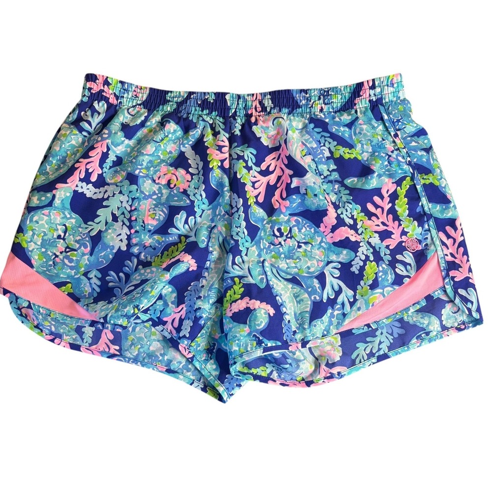 Lilly Pulitzer Luxletic Running Shorts Coral Reef Blue Pink Print‎ Size S